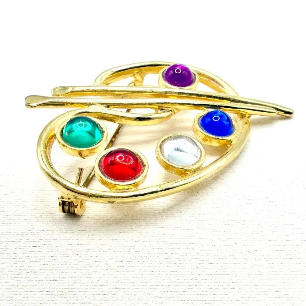 Vintage MJENT VTG Jeweled Gold Tone Artist's Paint Brush Palette Pin Brooch